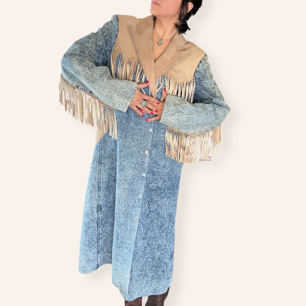 VTG Western Heavy Weight Acid Washed Denim Trench w/ Leather Fringe USA Made XL - Picture 4 of 16